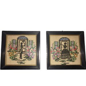 Pair of Framed Embroidered Pieces Colonial Floral